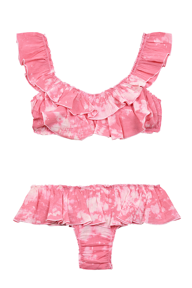 Pink Ruffle Sleeve Tie Bikini