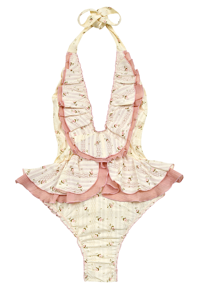 Ruffled Peplum Flower Pink Swimsuit